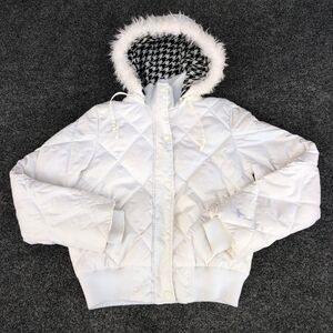 Grane Jacket Womens Medium White Faux Fur Houndstooth Hood Insulated Down Puffer